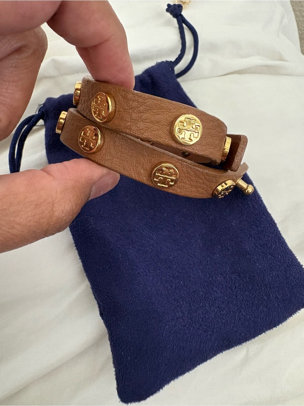 Tory Burch Brown Leather Double Wrap Bracelet with Gold Logo Studs - Picture 3 of 4